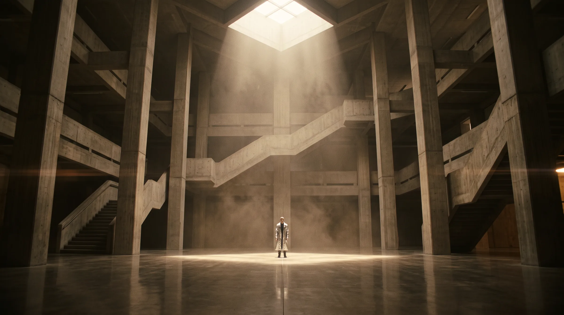 A lone figure in a silver coat inside a vast concrete atrium lit by shafts of light