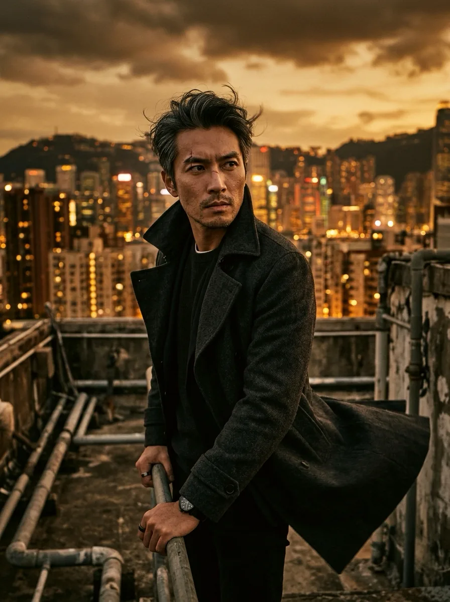 The same character on a rooftop, on a train and in a night market