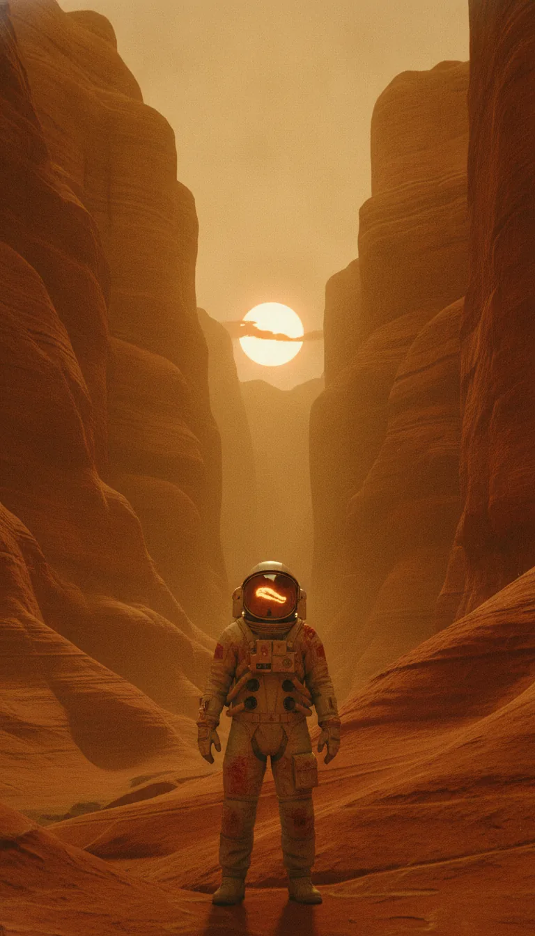 An astronaut in a red canyon at sunset