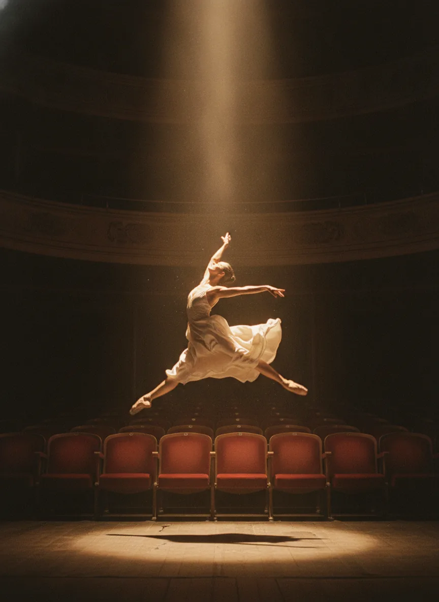 A ballet dancer mid leap in a theater spotlight