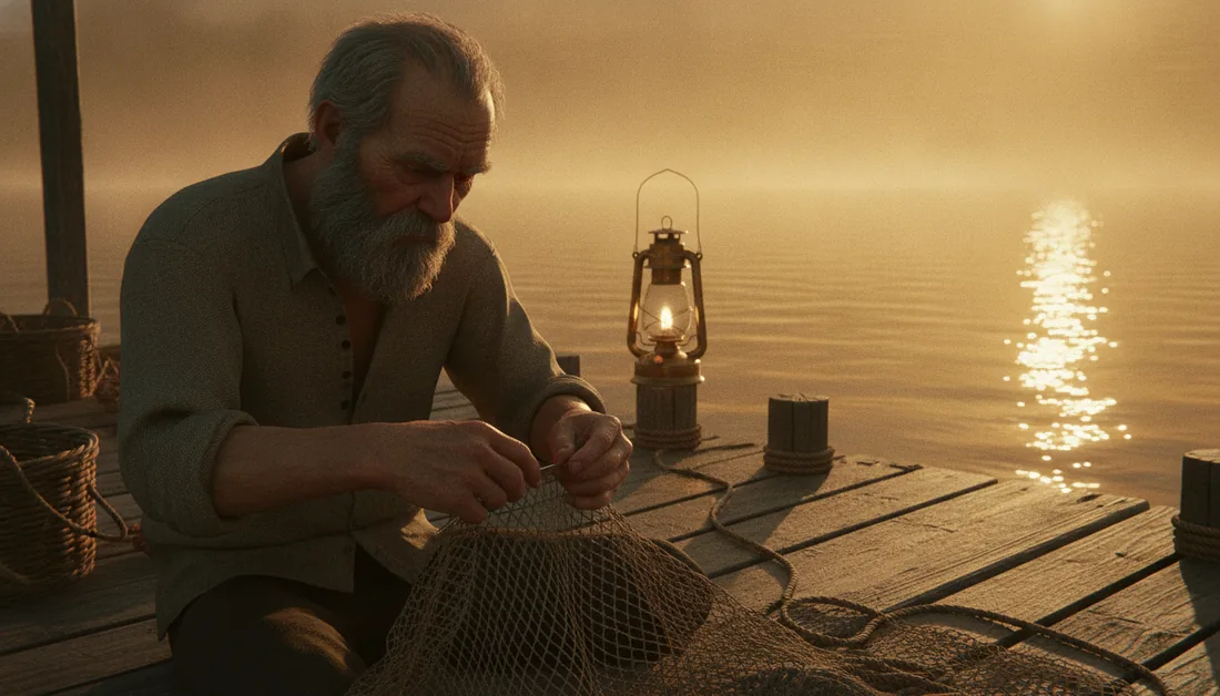 An old fisherman mending nets at dawn