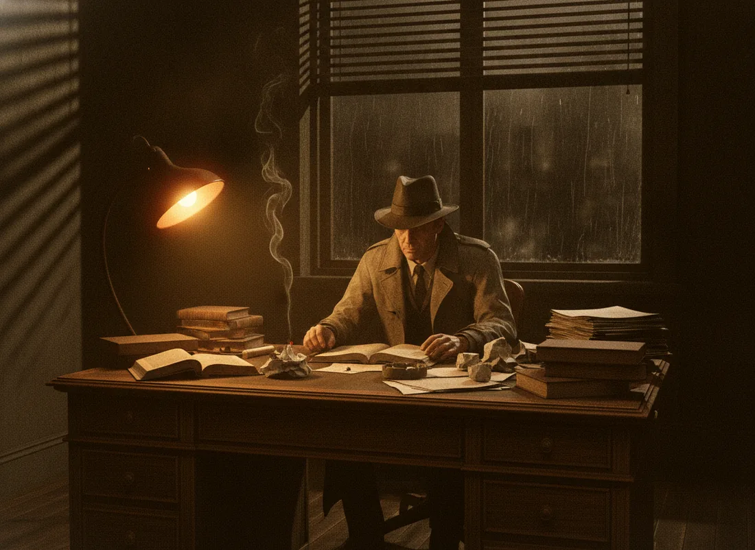 A detective at a desk striped by blind shadows