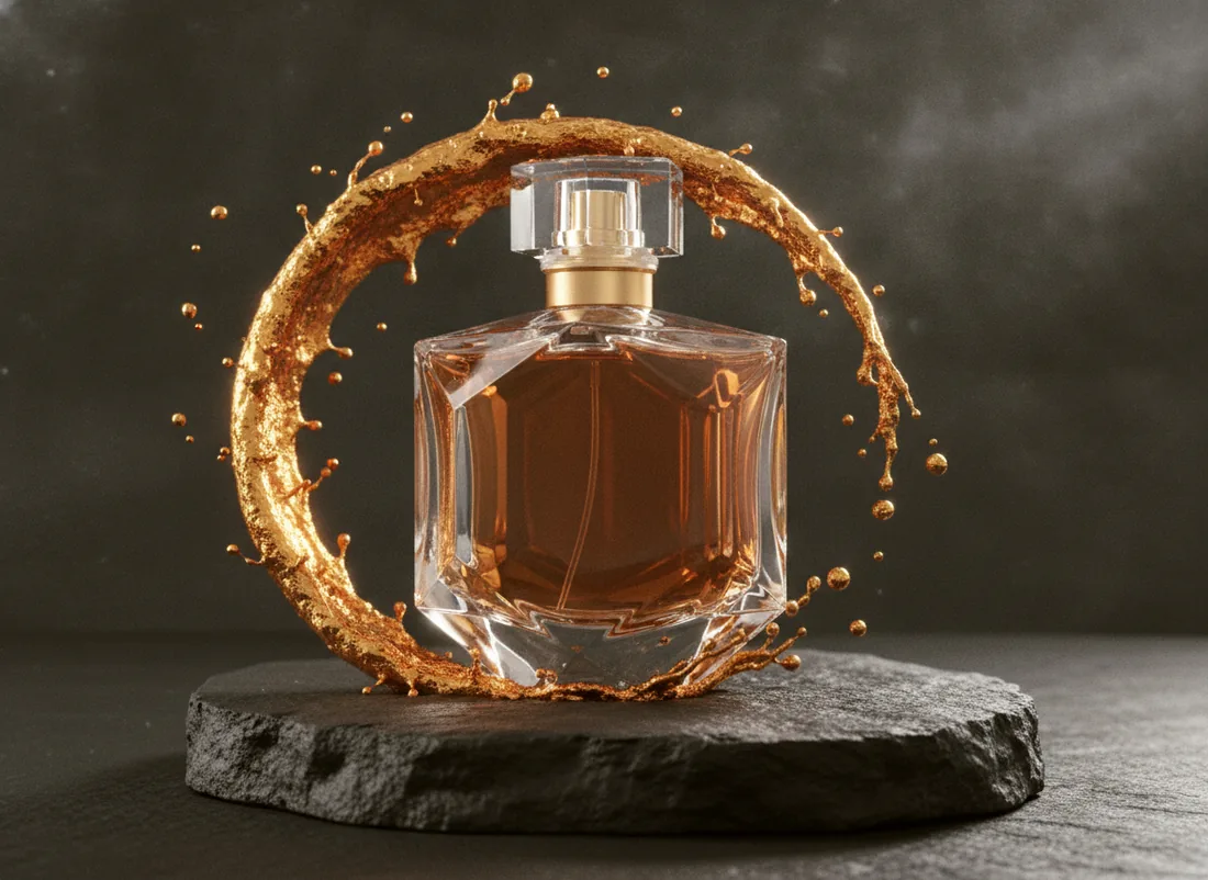 A perfume bottle inside a splash of liquid gold