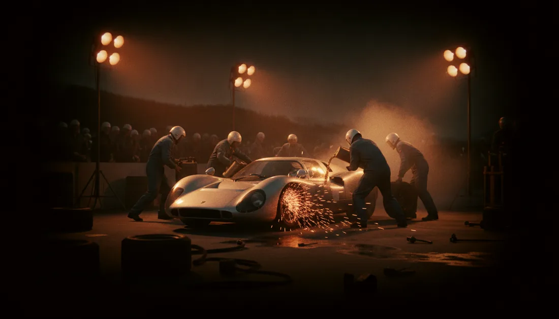 A 1960s race car pit stop with sparks