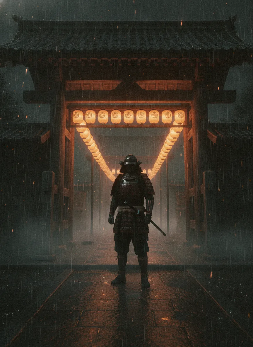A samurai under a temple gate in the rain