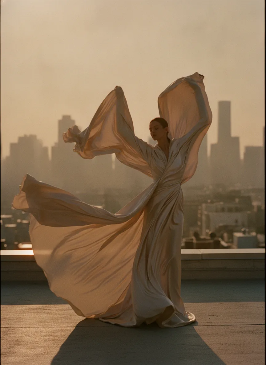 A model in flowing silk on a rooftop