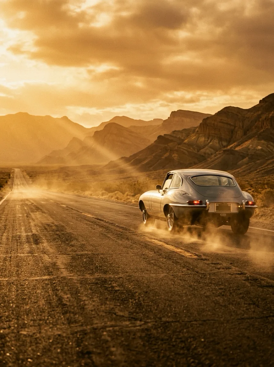 A silver coupe crosses a desert highway at golden hour