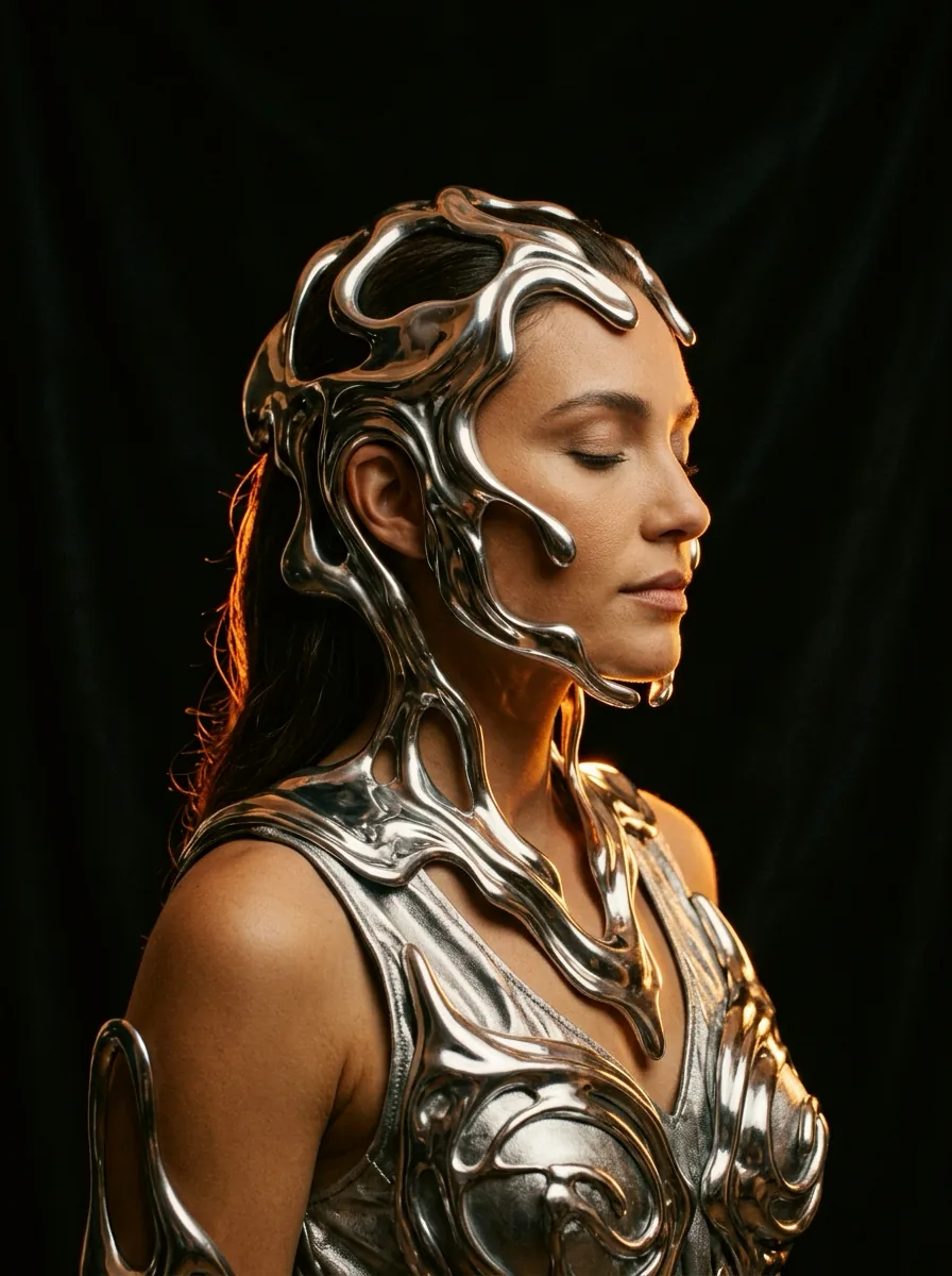 Portrait in silver couture with a liquid chrome headpiece