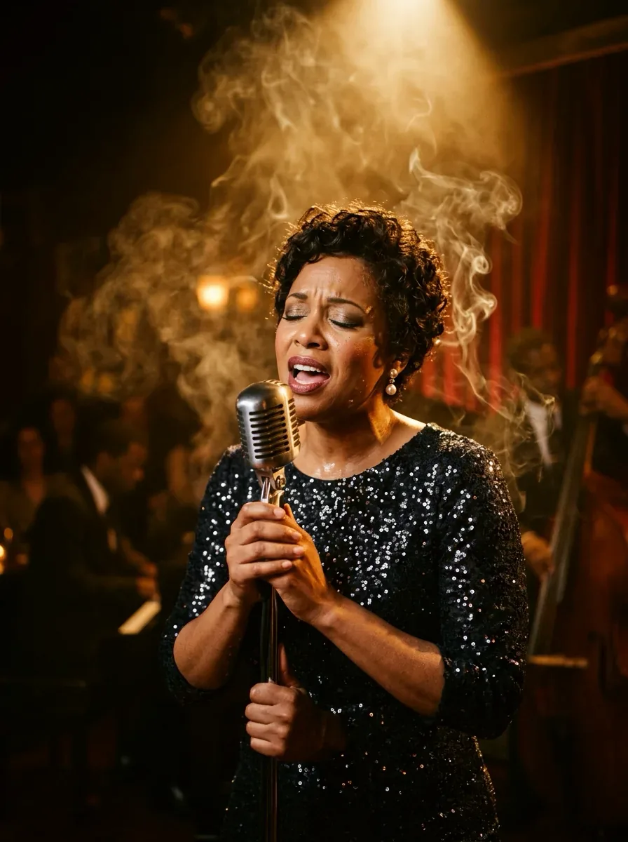 A jazz singer at a ribbon microphone under a warm spotlight
