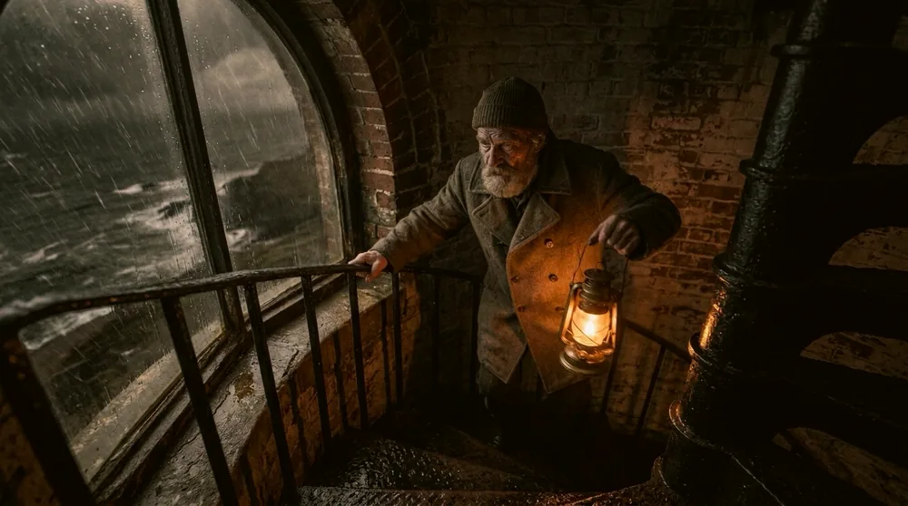 A lighthouse keeper climbs a spiral stair in a storm, lantern in hand