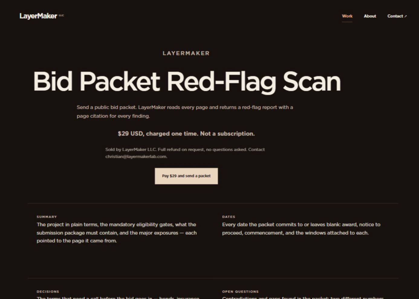 The Bid Packet Red-Flag Scan offer page on layermakerlab.com.