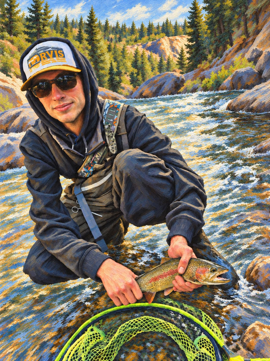 Painted portrait of Christian crouching in a river, holding a trout above a green fishing net, with pines and canyon rock behind.