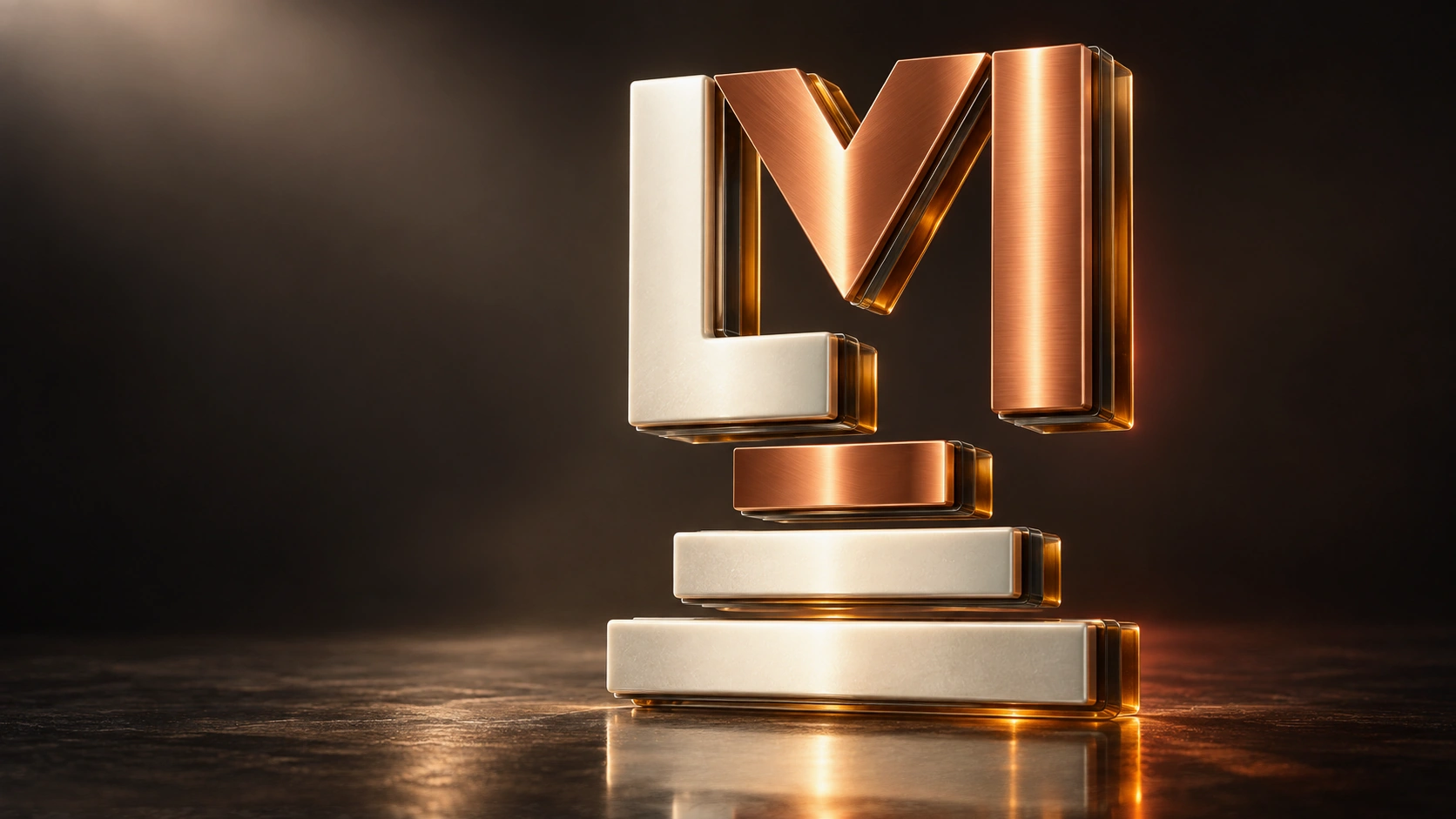 Digital artwork of the LayerMaker LM as a sculpture: an ivory L and copper M stacked above copper and ivory slabs, lit warm against a dark surface.