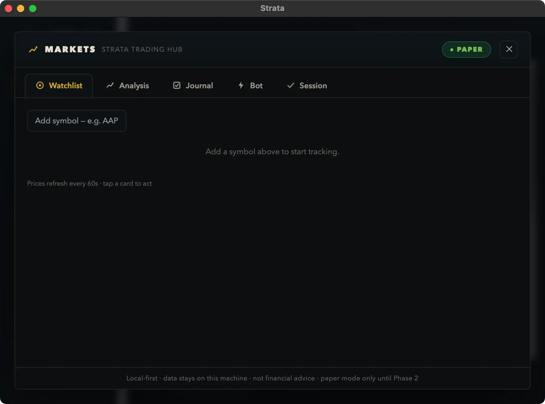 The Strata paper-trading tool with a watchlist and analysis, journal, bot, and session tabs, marked paper mode.