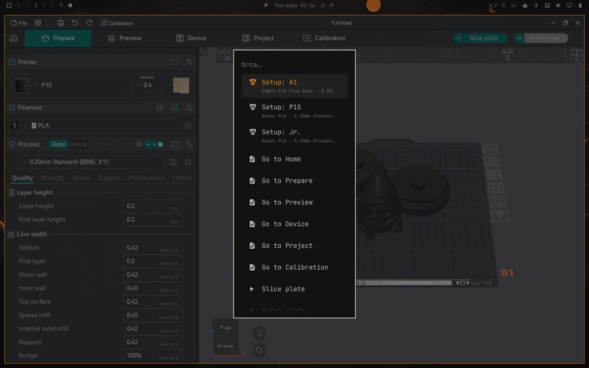 The Ctrl+Alt+Space menu open over OrcaSlicer