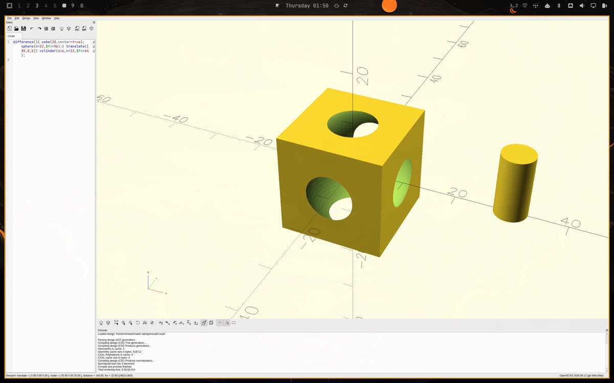 OpenSCAD's daily build previewing a part on Omarchy