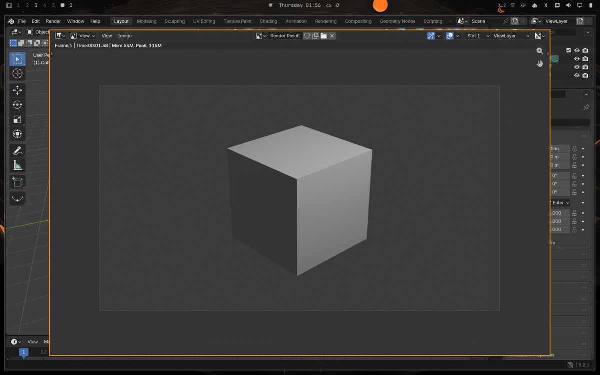 Blender's render result floating over Blender on Omarchy