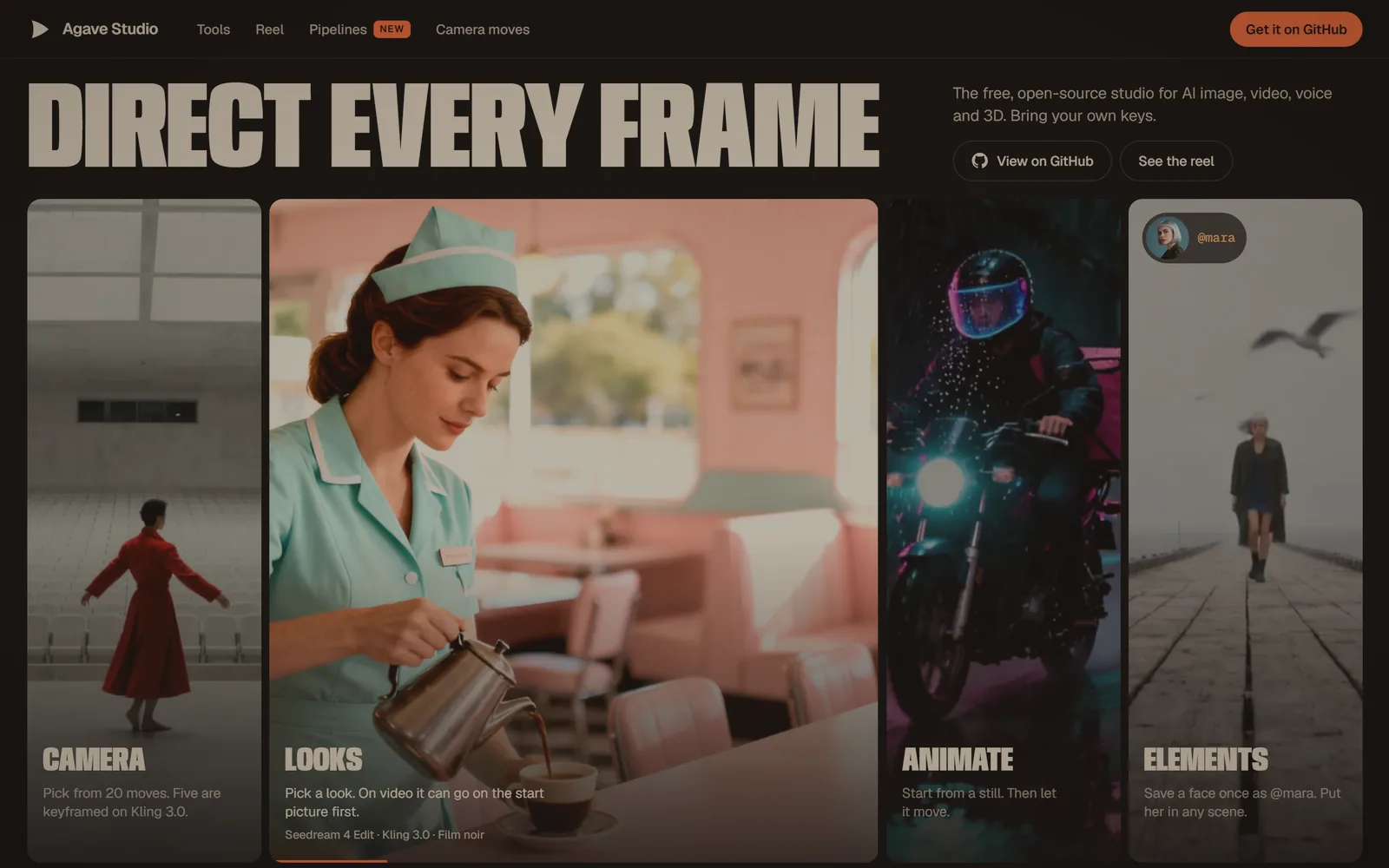 The Agave Studio home page: Direct every frame, with Camera, Looks, Animate and Elements cards.