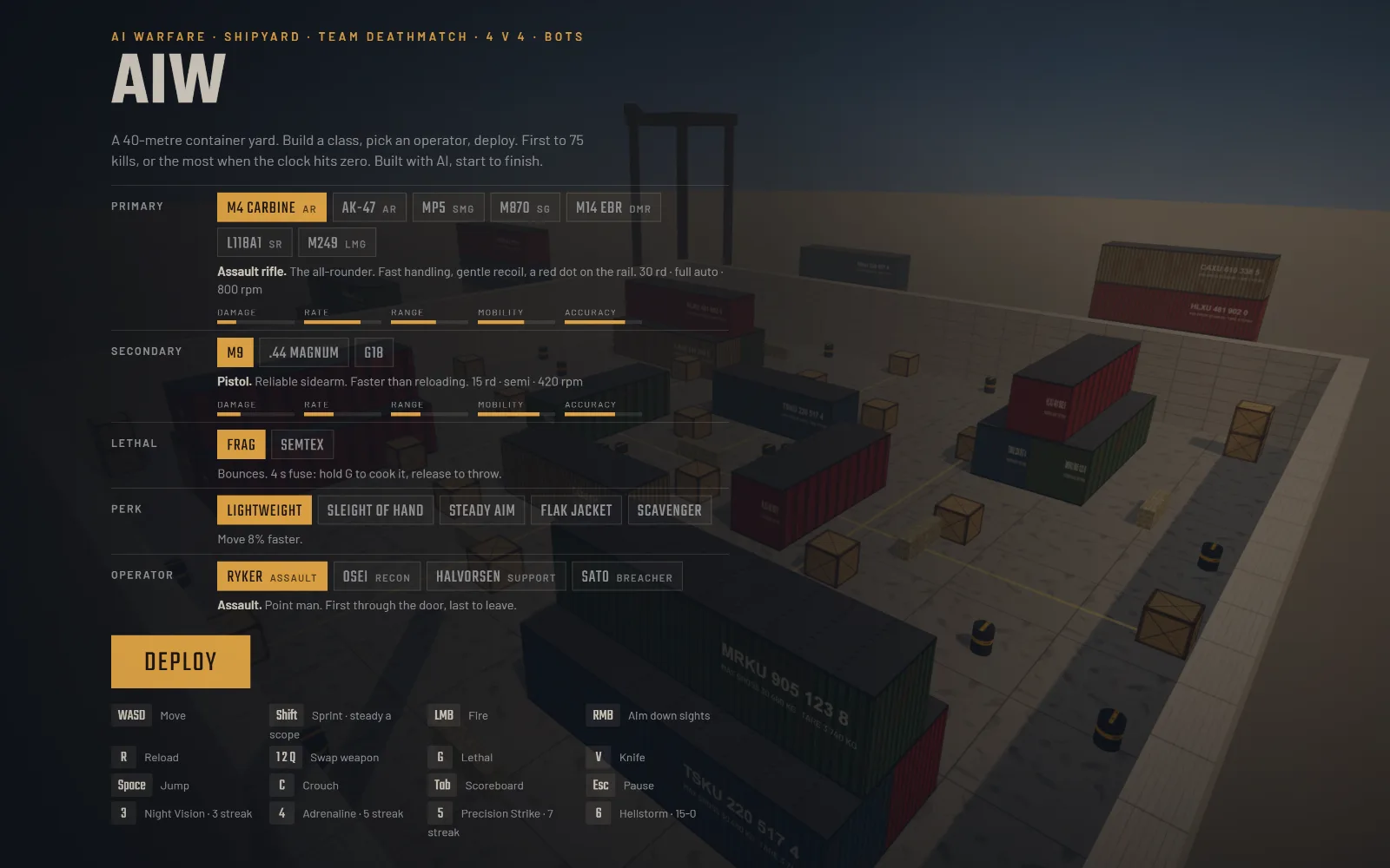 The AI Warfare loadout screen over the Shipyard container yard.