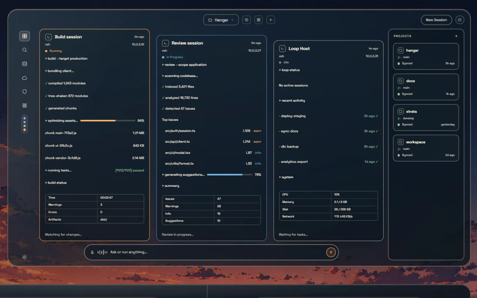 The Hangar workspace window with build, review, and loop sessions side by side.