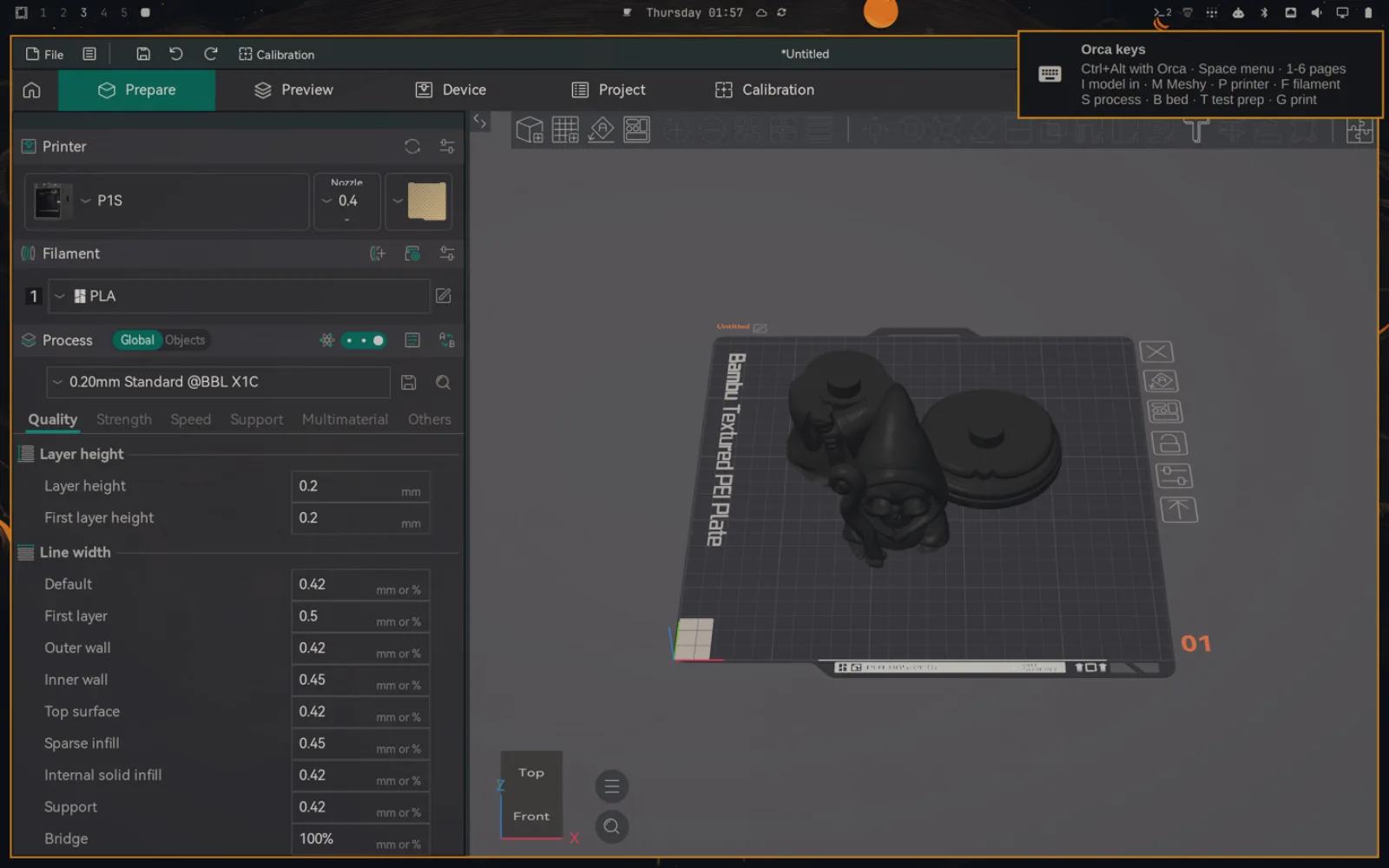 OrcaSlicer running on the Omarchy desktop with the omarchy-maker key guide open.
