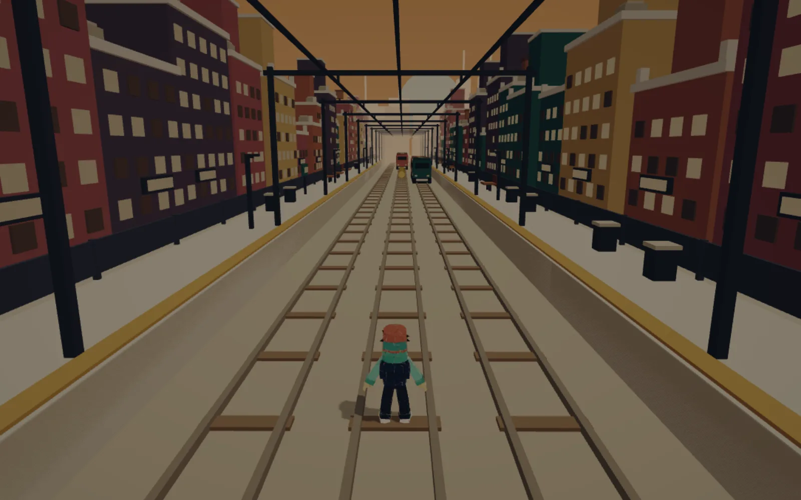 Rooftop Rush: the runner on the tracks between rows of low-poly buildings.